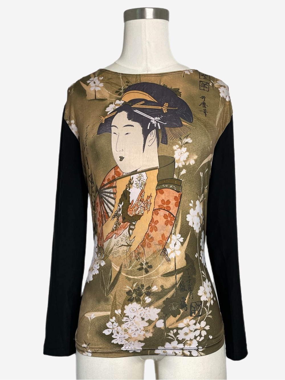 Vintage 90s B Black stretch Japanese Geisha graphic printed long sleeve tee S